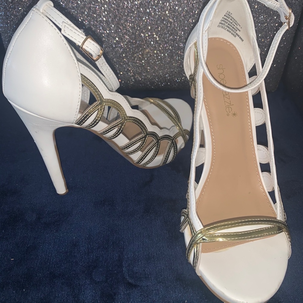Gold and White Strappy High Heels